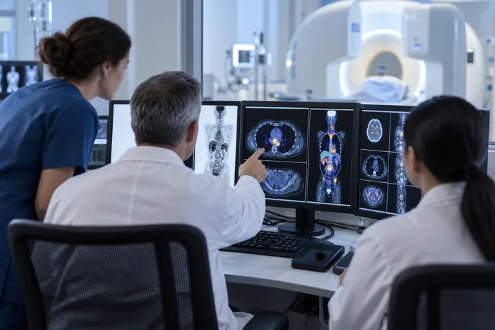 Generic editorial scene of a multidisciplinary clinical team reviewing medical images