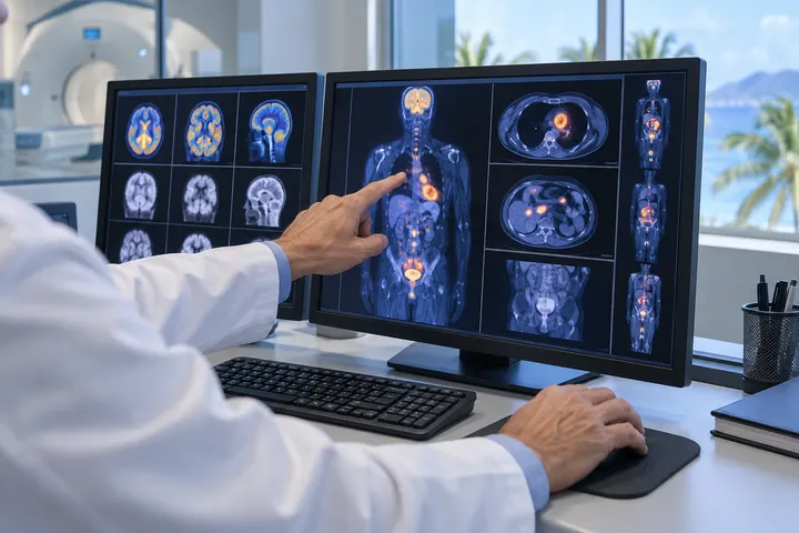 Generic editorial scene of a clinician reviewing molecular imaging studies