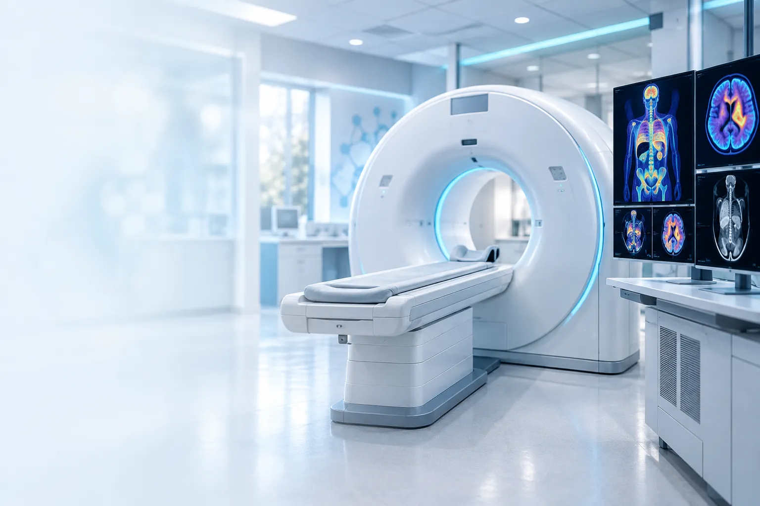 Modern PET/CT scanner and molecular imaging monitors in an advanced nuclear medicine suite