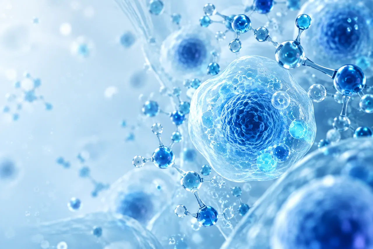 Abstract scientific visualization of cells and molecular structures in blue and cyan