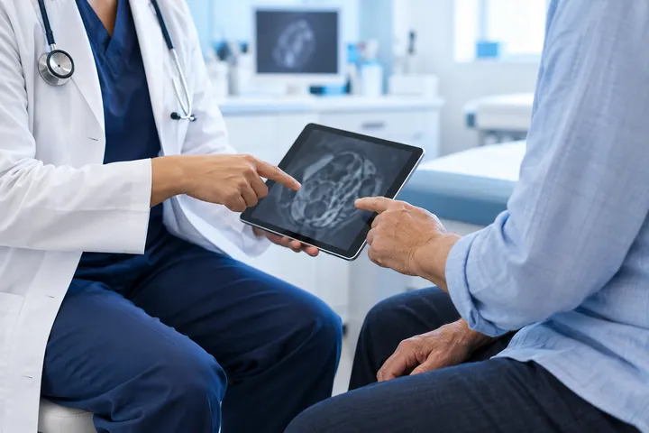 Generic editorial scene of a patient and clinician reviewing a study together